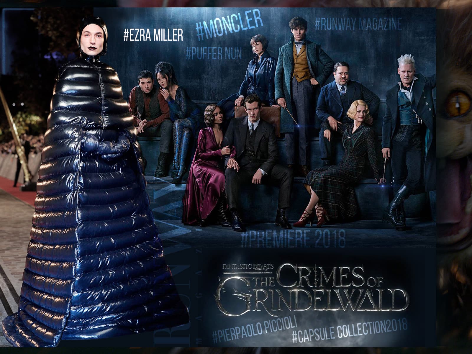 以斯拉·米勒(Ezra Miller)-《神奇动物》首映。 Pierpaolo Piccioli撰写的Moncler Puffer大衣连衣裙系列2018 Runway 杂志