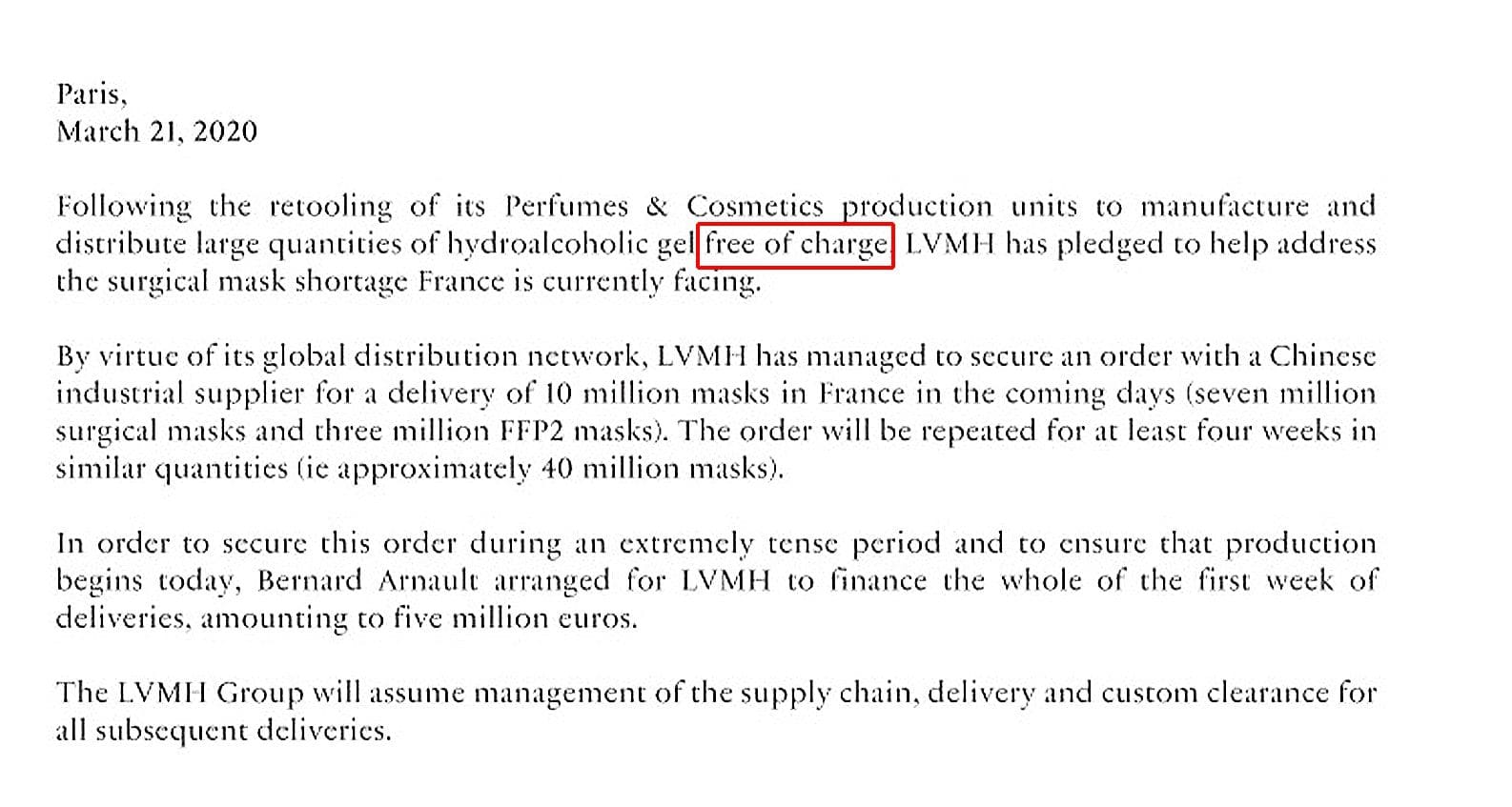 Bernard Arnault, CEO von LVMH, kostenlose Spende für hydroalkoholisches Gel, 21. März 2020