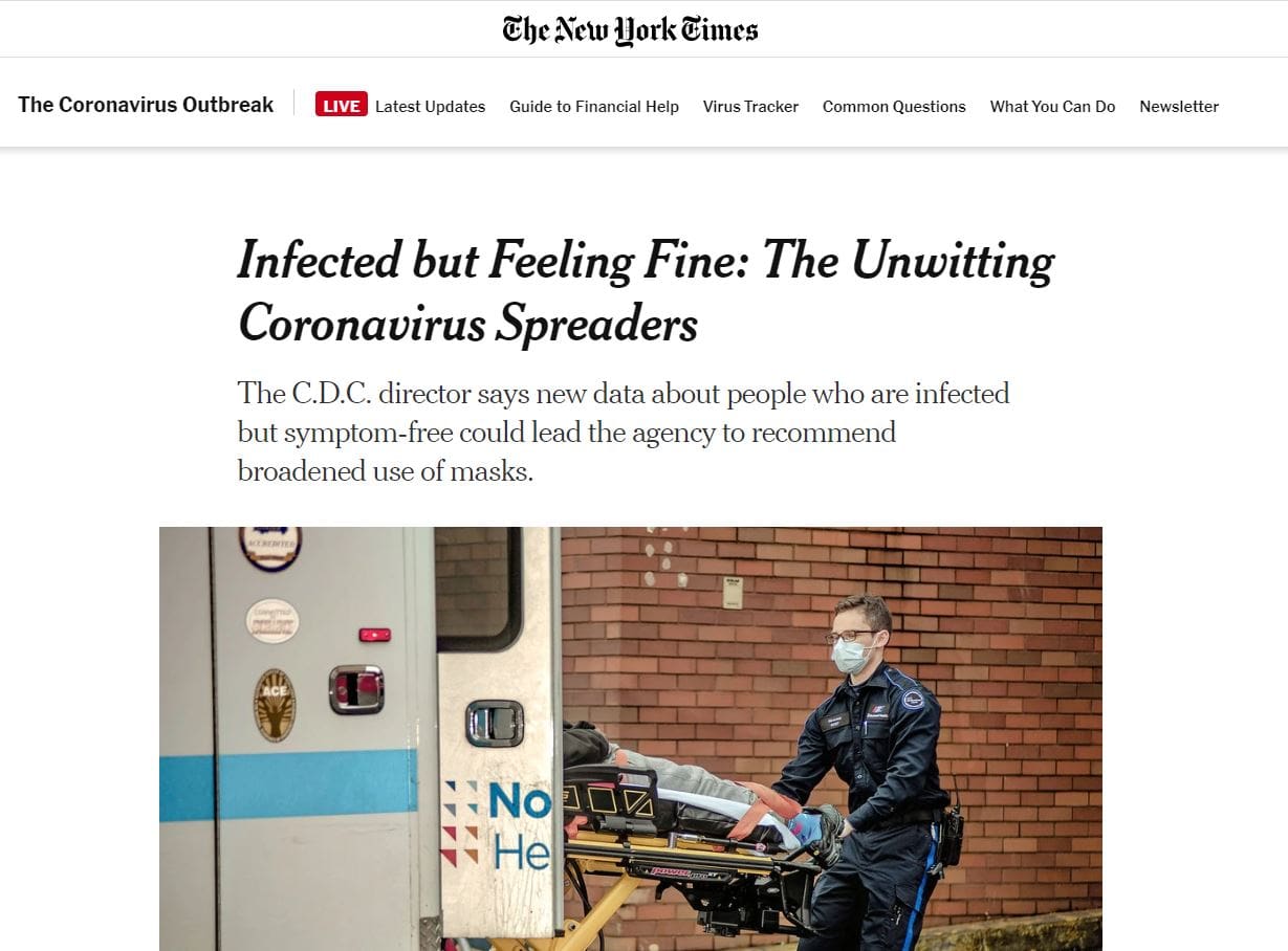 New York Times -unwitting coronavirus spreaders - broaden use of masks