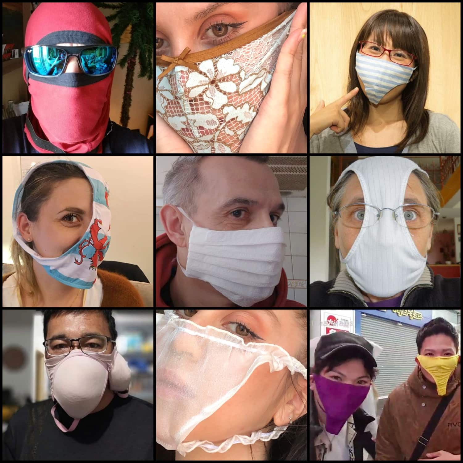 Useless and plain stupid ways to make face masks for protection against coronavirus. Panties can make you look very glamorous - that's what bloggers are trying to sell today on instagram. Men Boxers can make you look like a ninja or spiderman. Various underwear, bras included can make you look just plain stupid. Toilet paper face masks (photo in the middle) might look dissent at first but.... it is still toilet paper on the face.