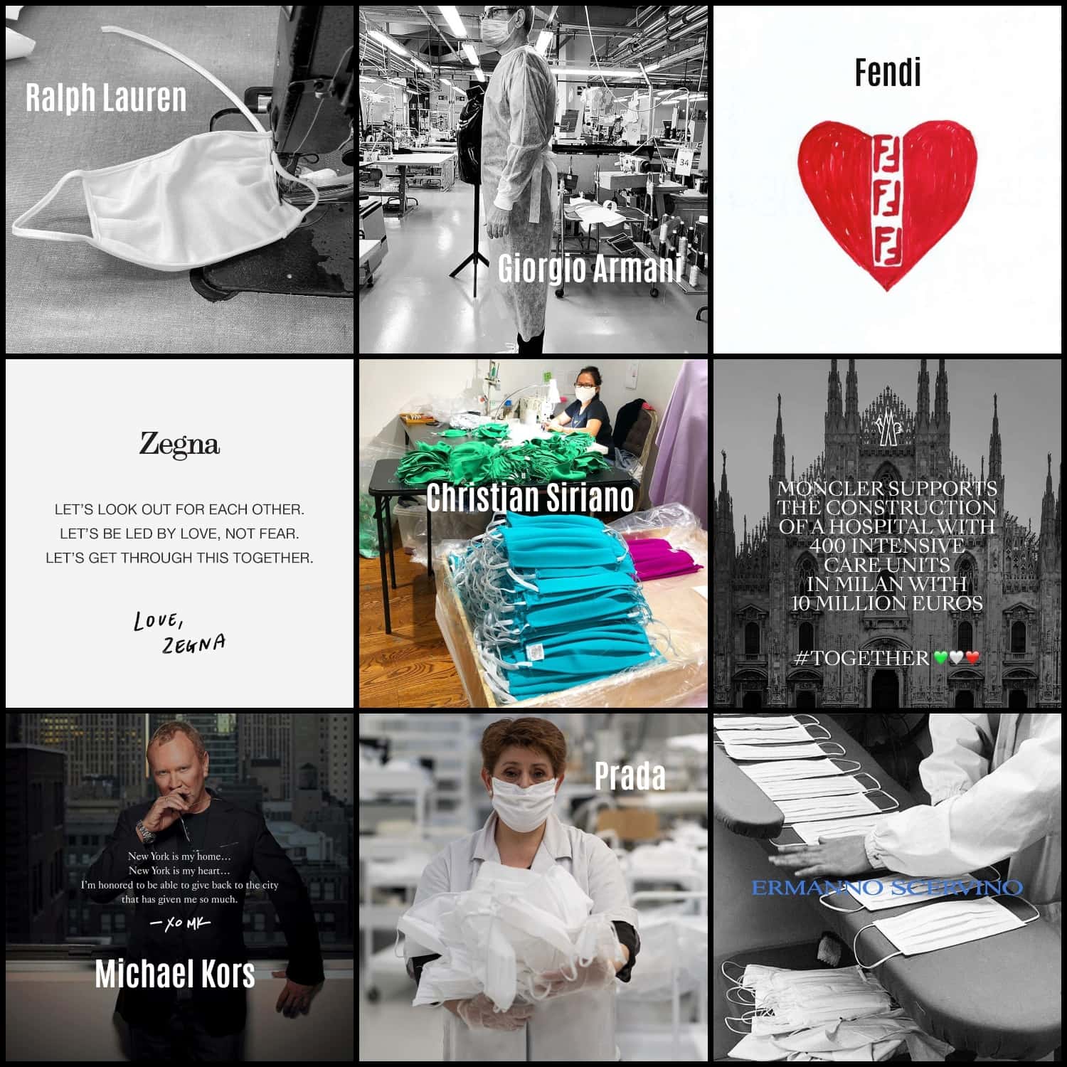 Ralph Lauren, Giorgio Armani, Fendi, Zegna, Christian Siriano, Moncler, Michael Kors, Prada, Ermanno Servino producing protective masks in support against covid-19