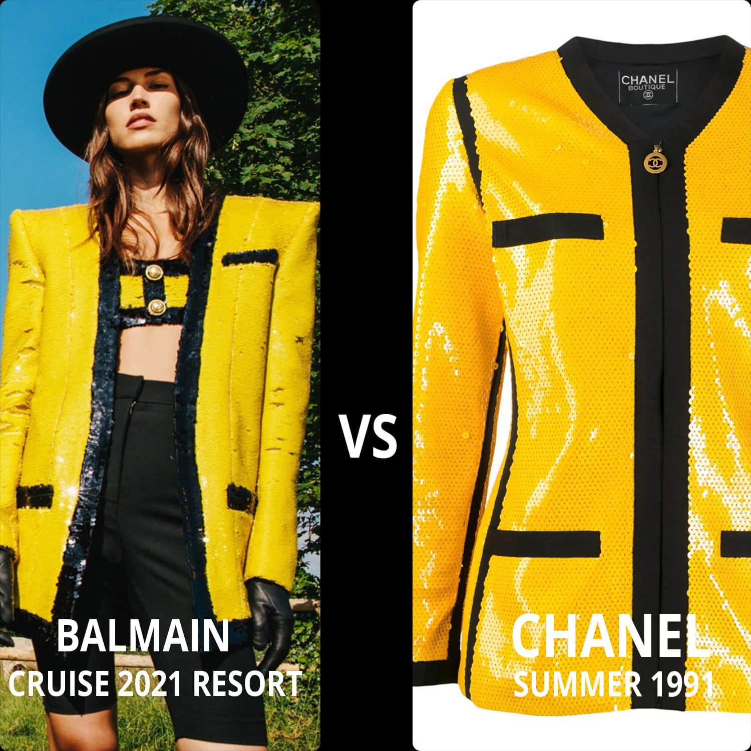 Balmain Cruise 2021 и желтая куртка с пайетками от Chanel на обложке Vogue, январь 1991 г.