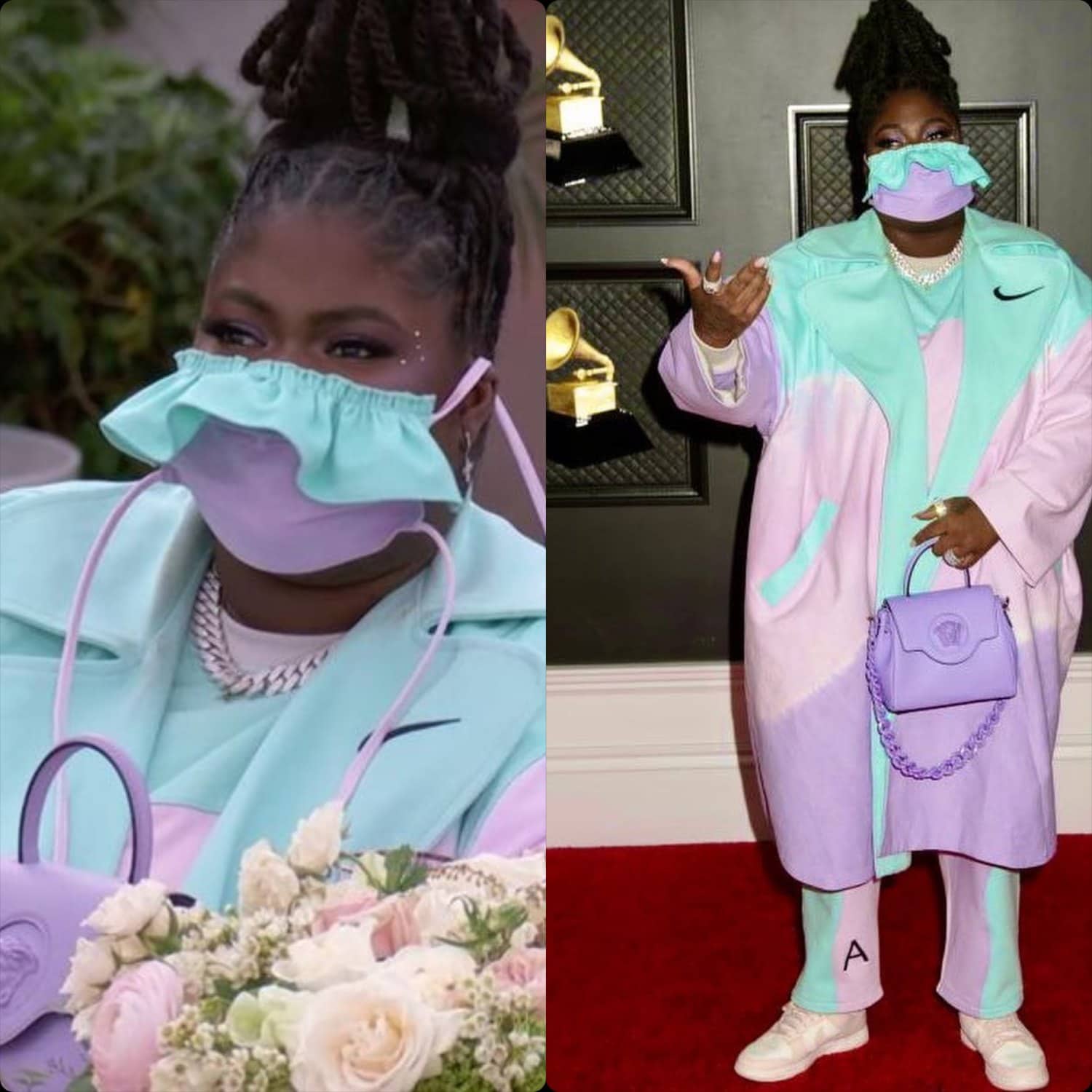 Chika en manteau Nike et sac Versace Jean Couture aux Grammy Awards 2021 par RUNWAY MAGAZINE