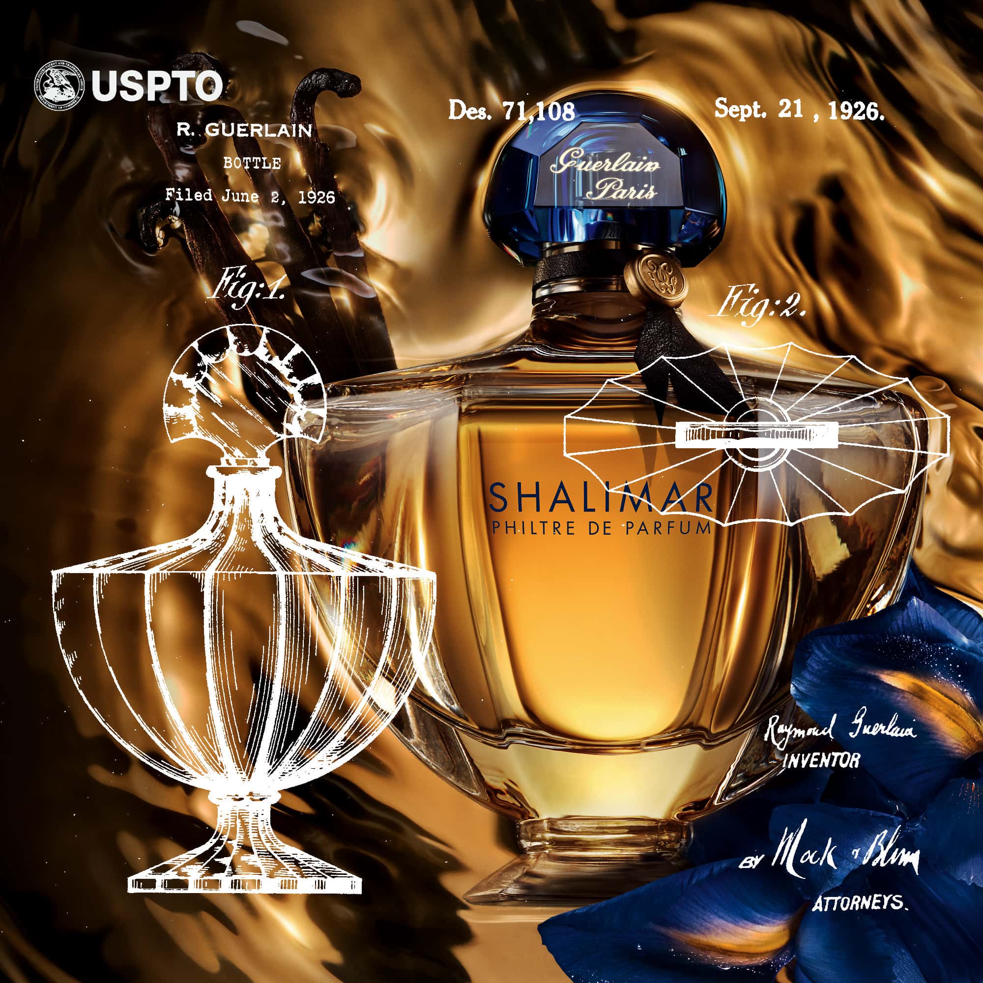 Patente de Guerlain para Flacon Chauve Souris - Shalimar diseñado por Raymond Guerlain 1926 - Archivos de la USPTO por RUNWAY REVISTA