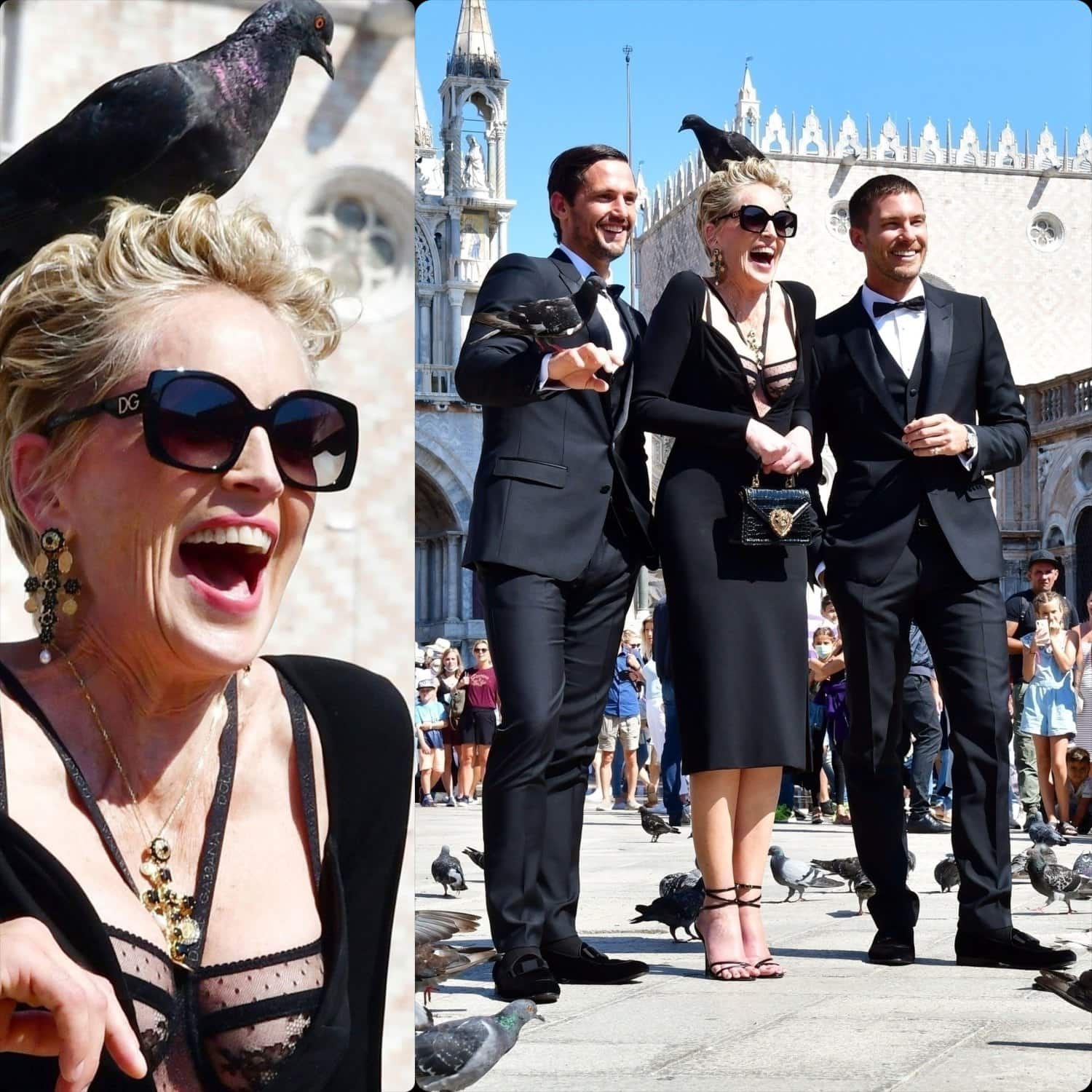 Disparo de champán de Sharon Stone para Dolce Gabbana con intervención de palomas RUNWAY REVISTA