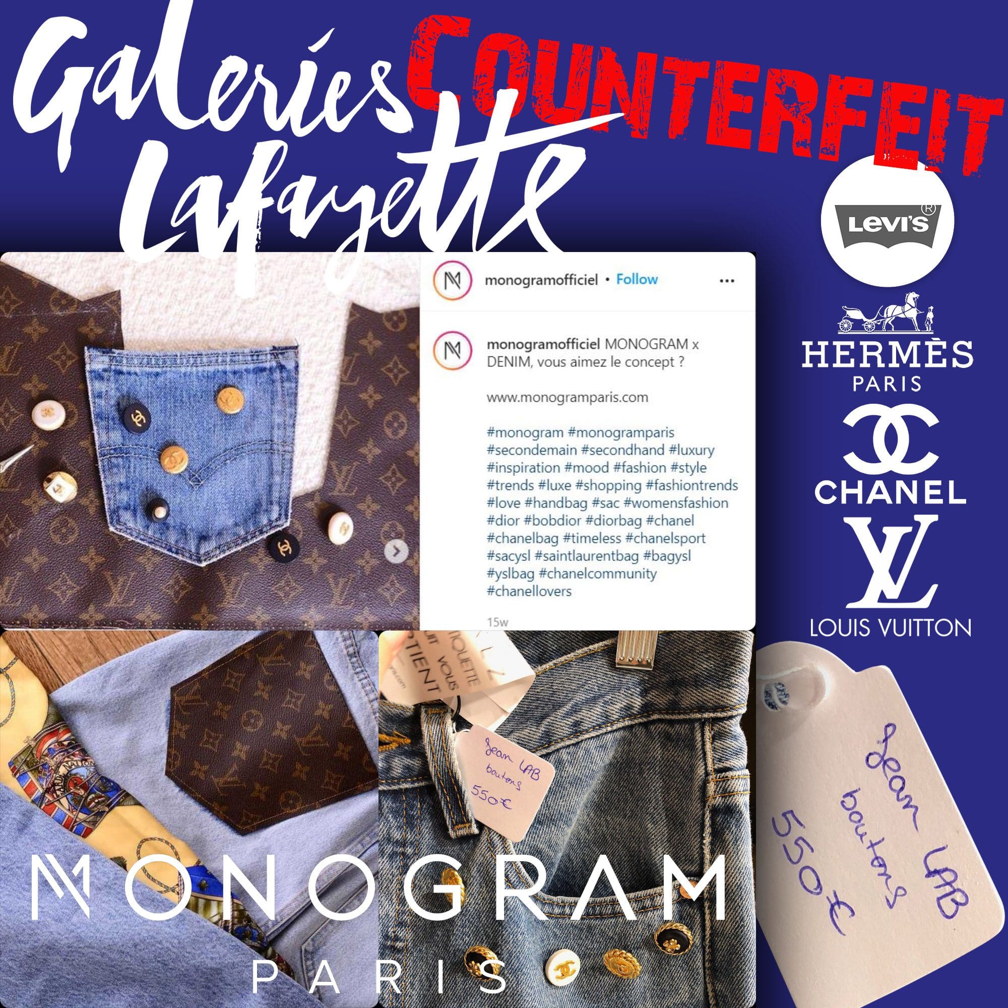 Galerie LaFayette - BY LUXE - Monogram by Beverly Sonego - contrefaçon - Levis, Hermes, Chanel, Louis Vuitton