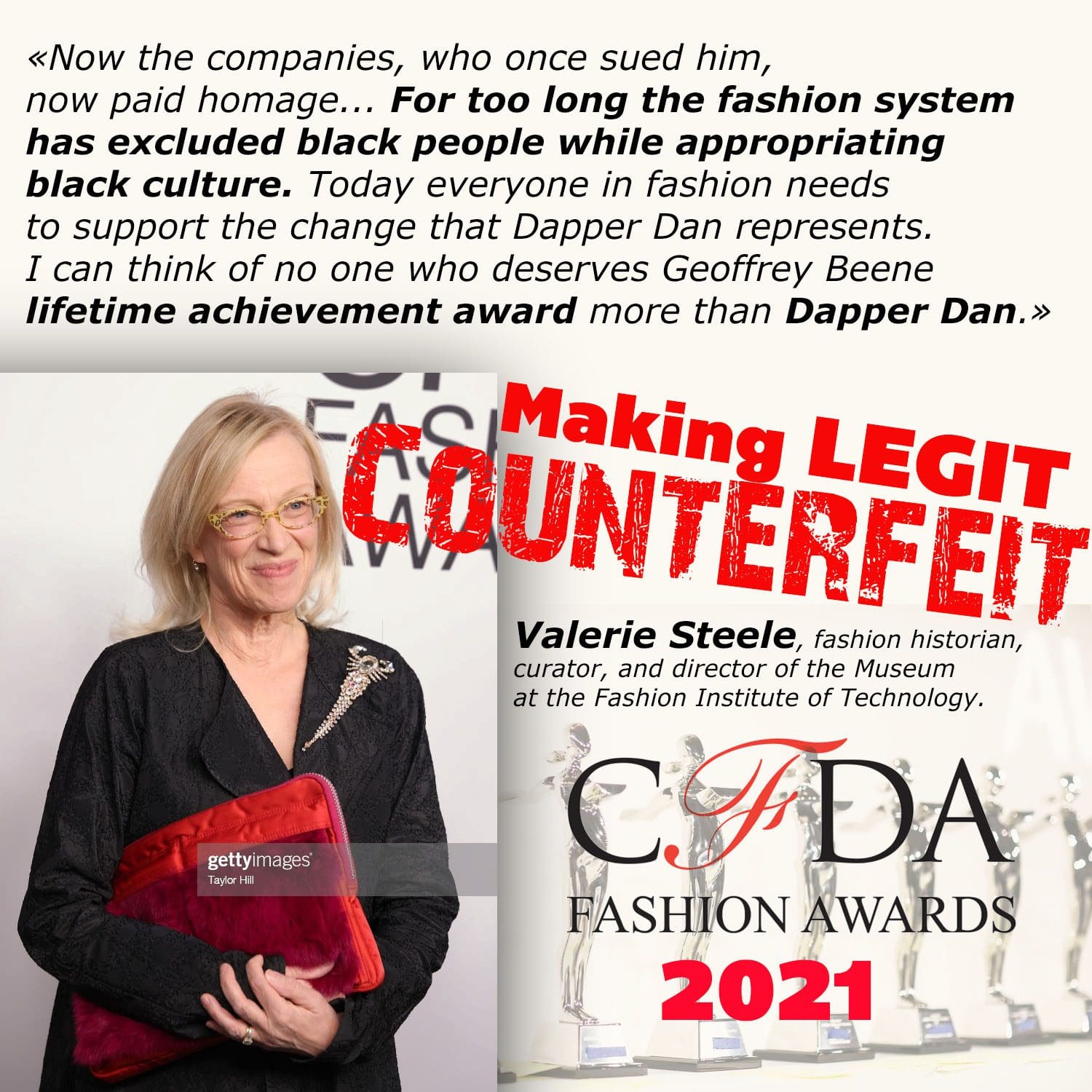 Valerie Steele ha legittimato la contraffazione di Dapper Dan e ha sostenuto il premio alla carriera assegnato dai CFDA Awards 2021