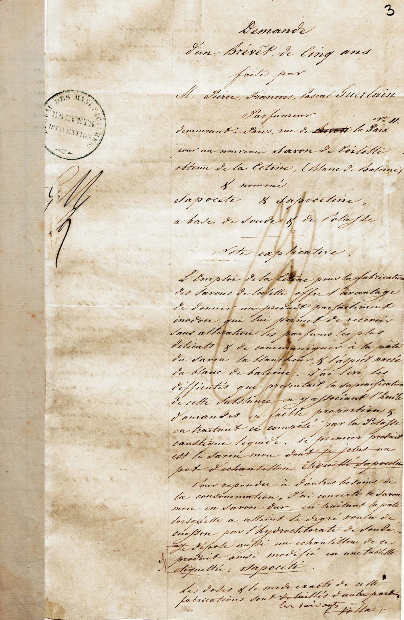 Tresors INPI - Primeras patentes presentadas por Pierre-François-Pascal Guerlain 1843