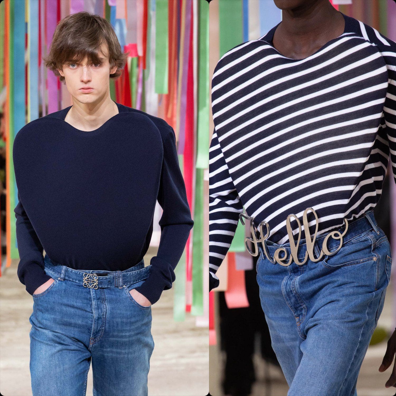 Marinière Loewe Automne Hiver 2022-2023 avec cœur et ceinture HELLO par RUNWAY MAGAZINE