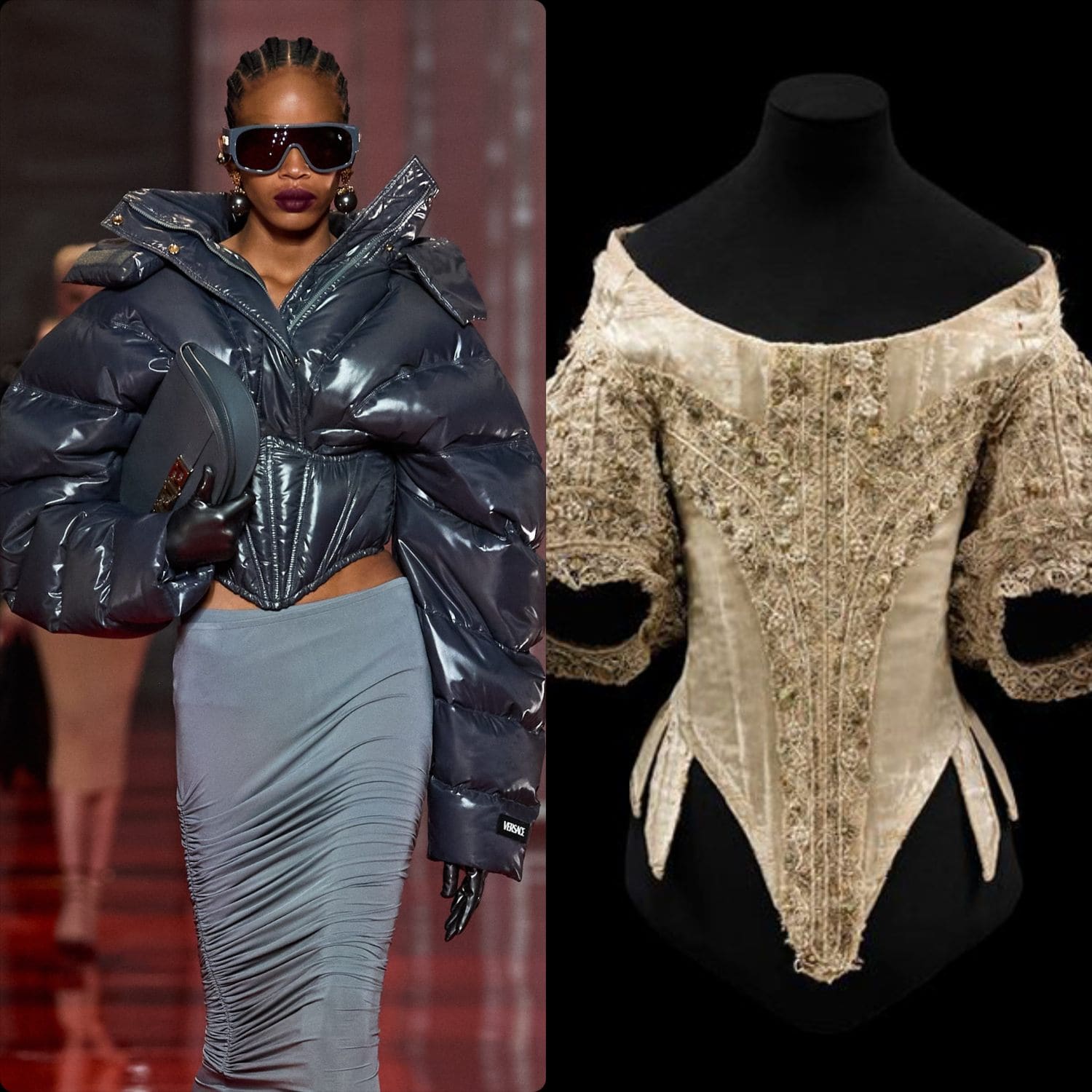 Espartilho Versace Outono Inverno 2022-2023 Milão Runway Revista vs espartilho século XVII e XVII