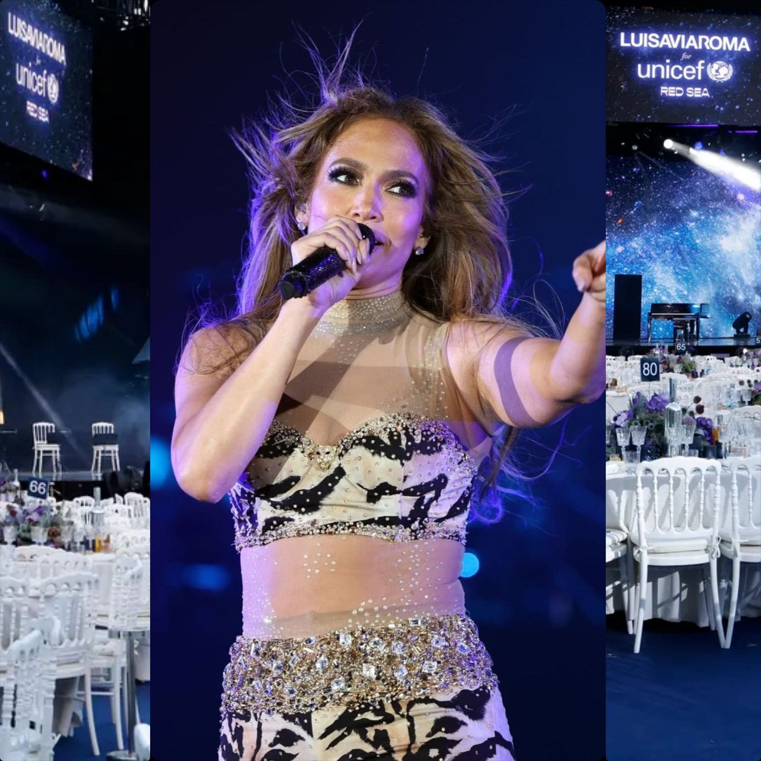 Jennifer Lopez se produisant à Luisa Via Roma pour Unicef Capri 2022 Runway Magazine