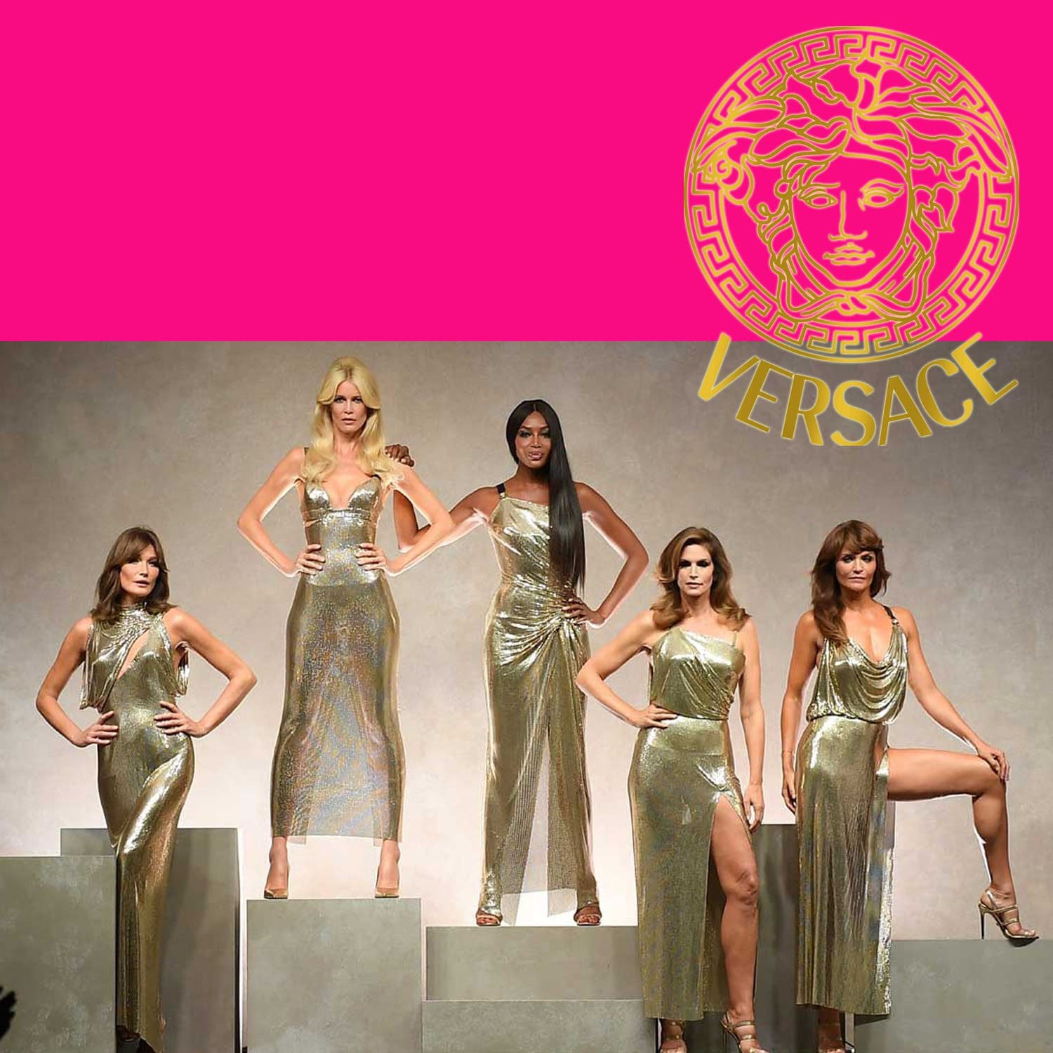 Claudia Schiffer, Naomi Campbell, Cindy Crawford, Helena Christensen, Carla Bruni pour Versace