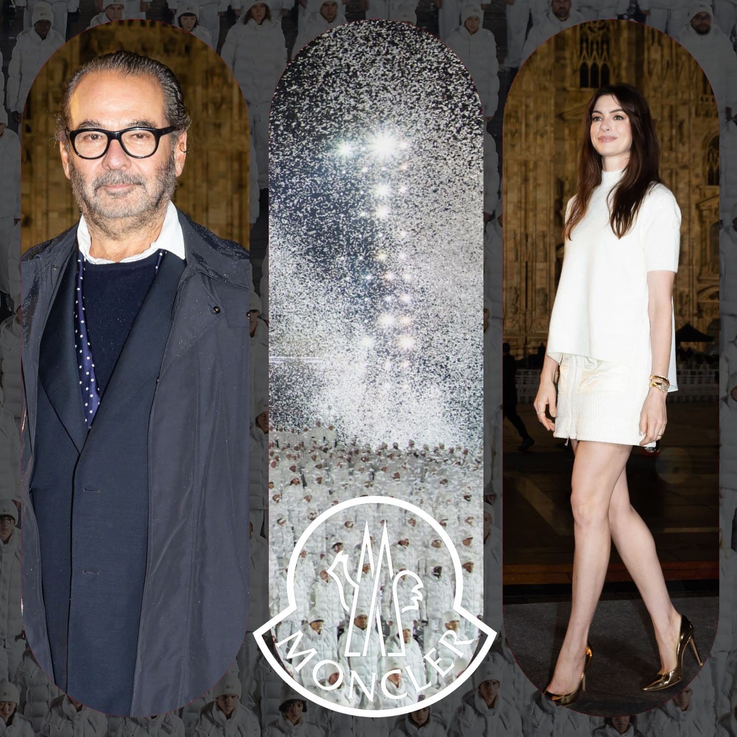Remo Ruffini, CEO von Moncler und Anne Hathaway beim 70. Jahrestag von Moncler in Mailand Runway Magazin