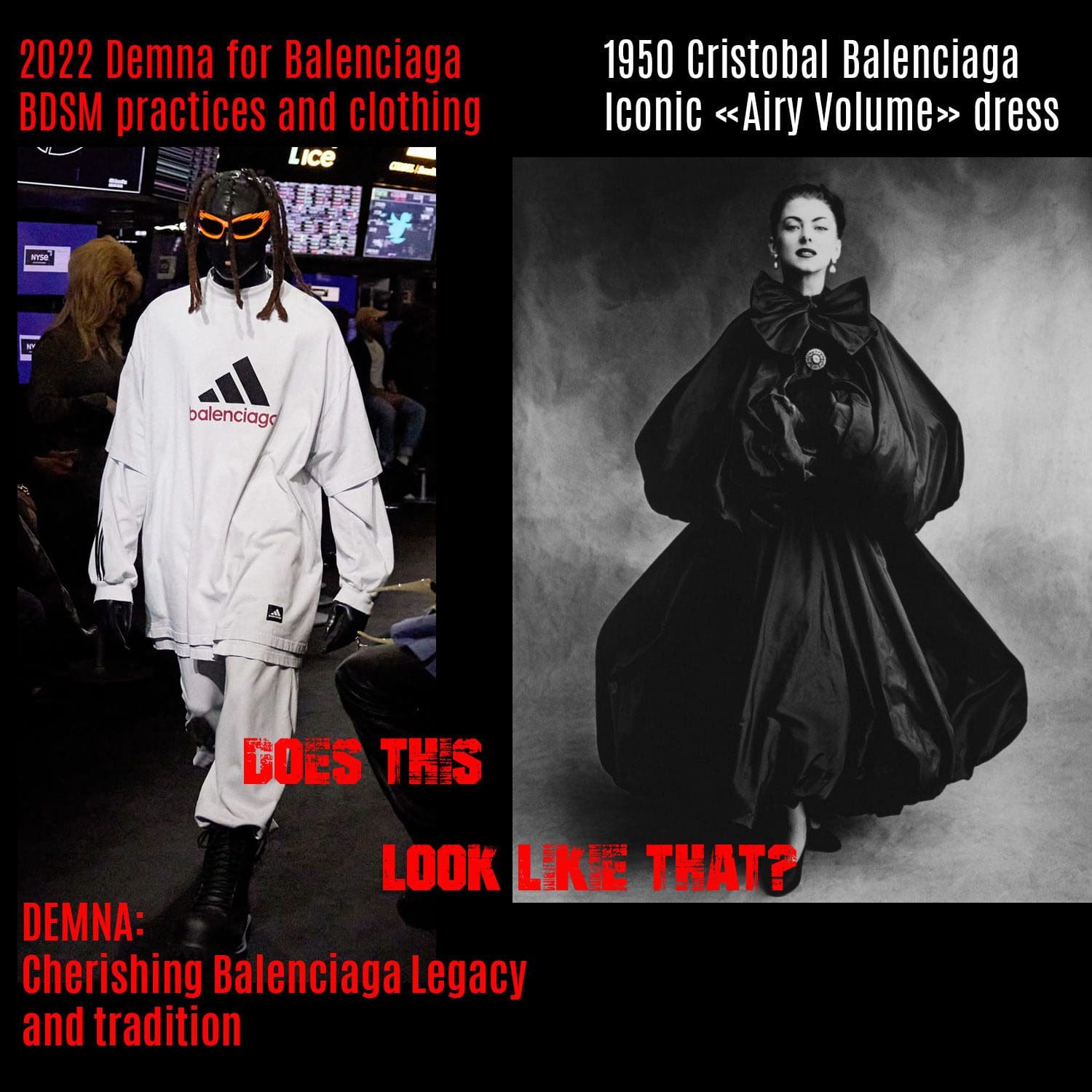 Платье Cristobal Balenciaga Airy Volume 1950 года против Demna 2023 года для одежды Balenciaga BDSM 1