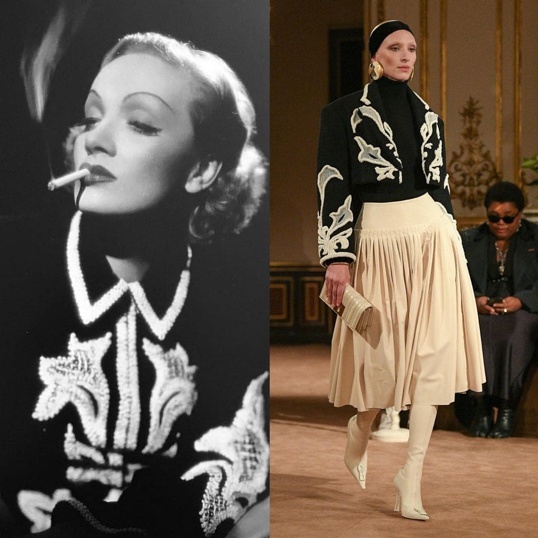Marlene Dietrich portant un manteau Schiaparelli en 1937 Schiaparelli Automne Hiver 2023 2024